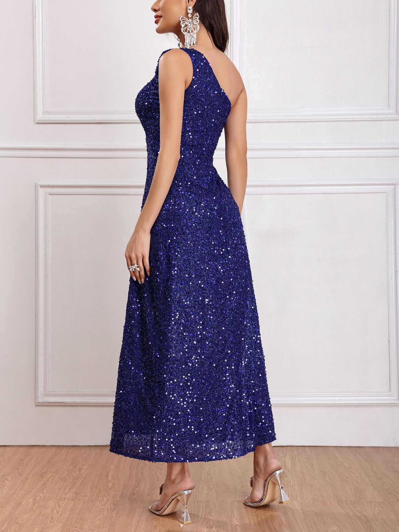 European and American Style New Women's Clothing 2024 Spring Fashionable Sequins Shoulder Sleeveless Split Dress Solid Color Foreign Trade Wholesale