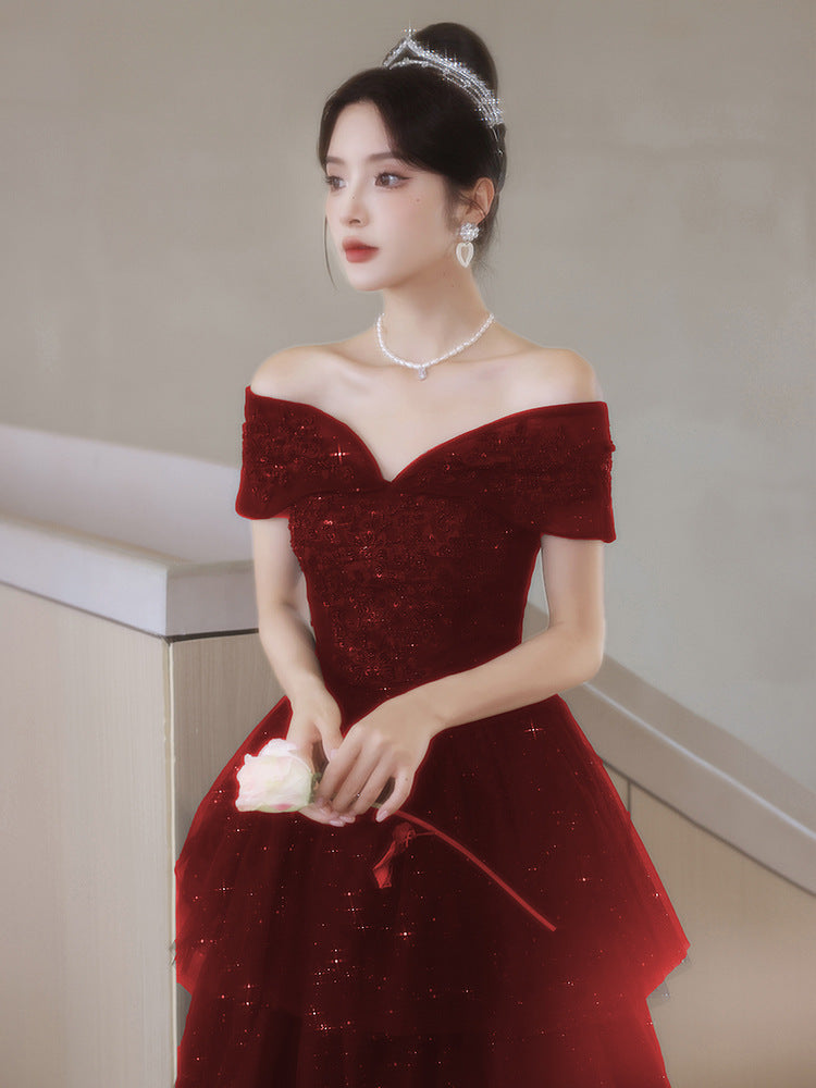 Toast Dress Bride 2024 New Autumn Women's High-End Red Engagement Evening Dress Light Luxury Minority Elegant Wedding Banquet