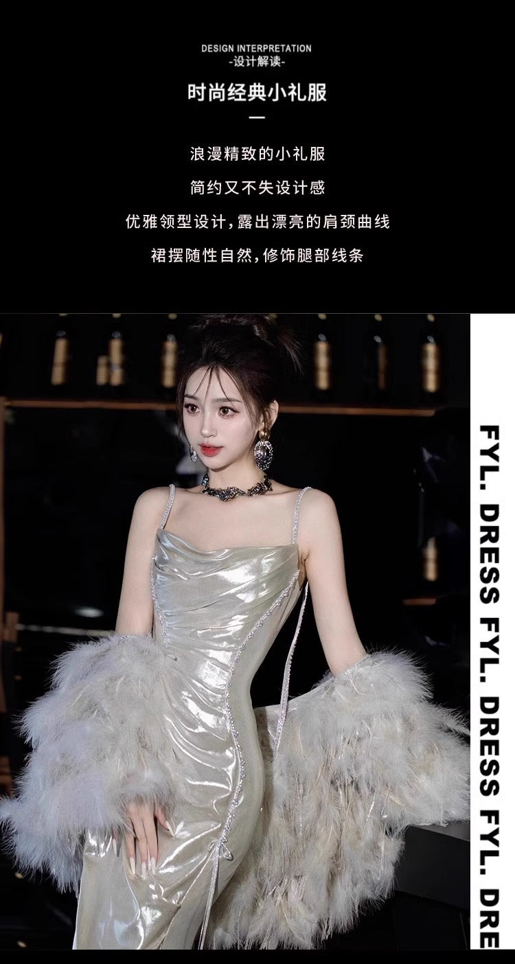 Silver Shiny Evening Dress Morning Gowns 2024 New High-End Sense Light Luxury Minority Birthday Party Sling Toast Dress