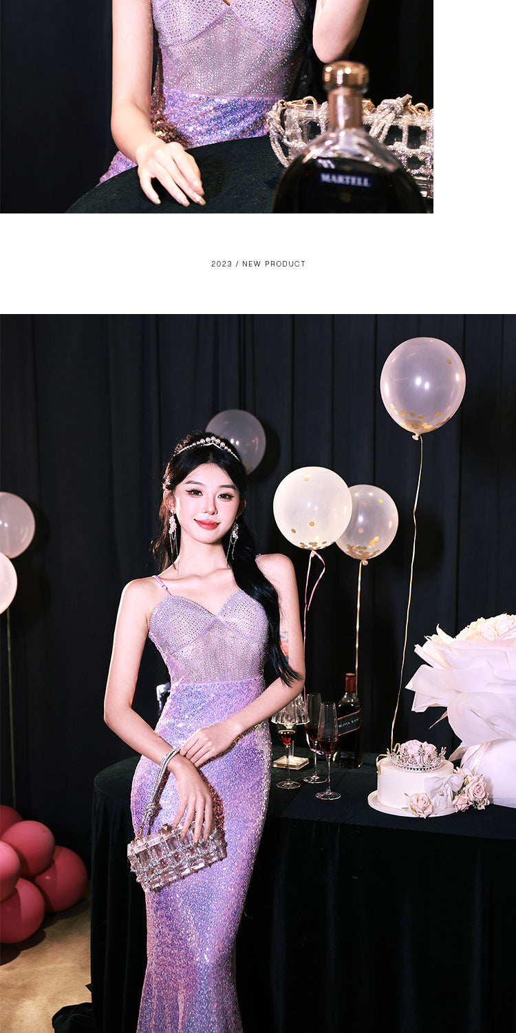 High Sense Banquet Temperament Light Luxury Minority Host Adult Lady like Woman Temperament Sexy Waist Trimming Sheath Fishtail Evening Dress