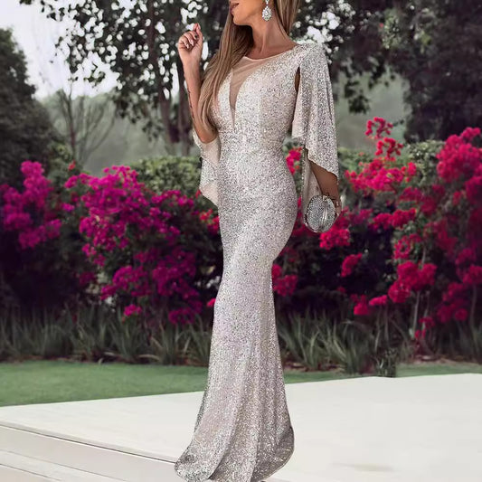 Cross-Border New Arrival Silver Fishtail Female Banquet Temperament Sexy Socialite Host Aura Queen Sequin Formal Dress