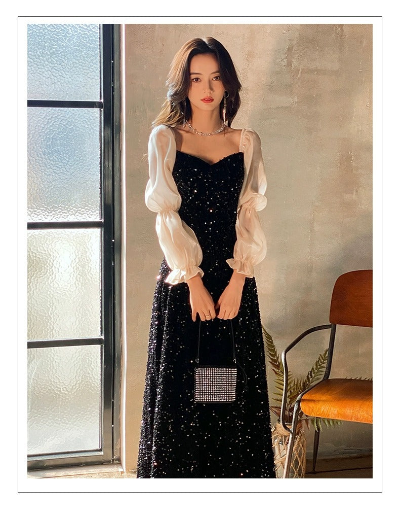 Black Annual Party Dress Female 2024 New High-End Temperament Host Adult Ceremony High-Grade Long Sleeve Noble