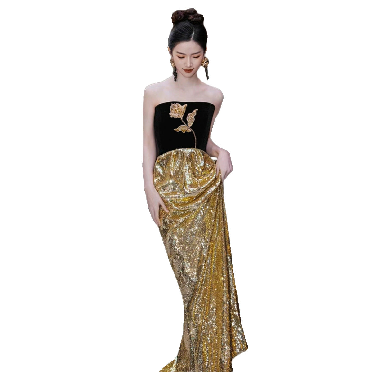 Evening Dress Ball Gown Black And Golden Off Shoulder French Elegant Birthday Banquet Dress Black Gold Thin And Glittering Bride Wedding Toast Dress 👑 Shimmering Day H8923