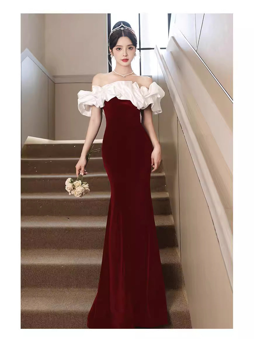 2024 New Summer Red Bardot Temperament Ladies Party Dress Host Dress Slim Fit Fishtail Dress