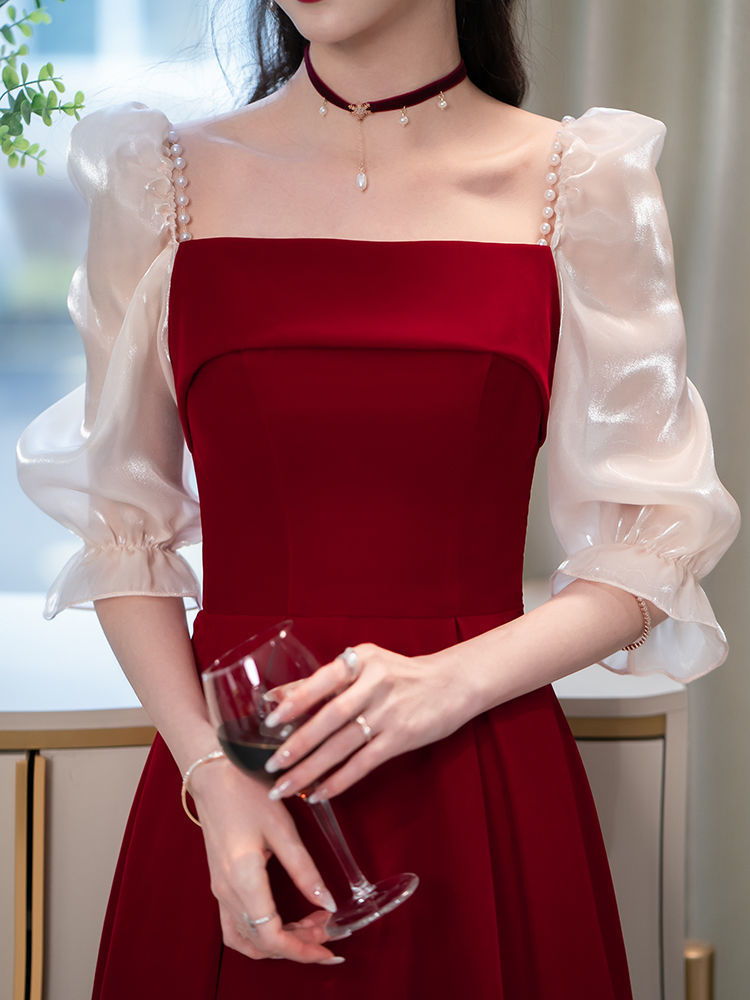 2024 Wine Red High Sense Dinner Suit Summer Dress Toast Dress Bride Daily Style Engagement Dress