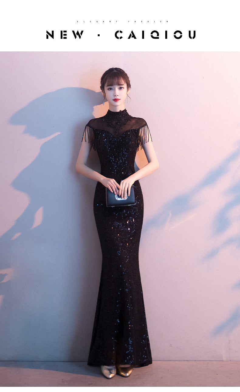 Black Evening Dress Women's 2024 New Summer and Autumn Temperament Banquet Host Light Luxury European and American Socialite Fishtail Long