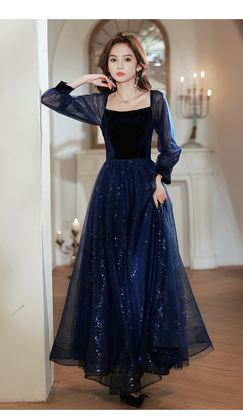 Women's Long-Sleeved Evening Dress for Banquet, High Sense High-End Affordable Luxury Niche Blue Sequined Conductor Chorus Solo Performance Costume