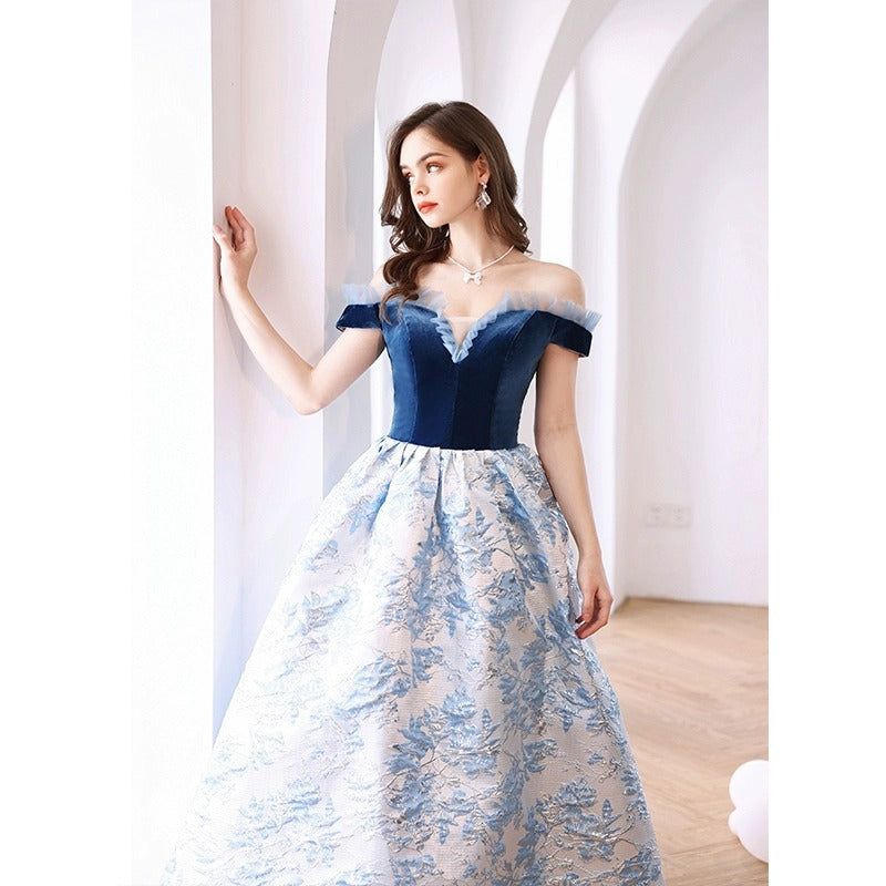 Evening Dress for Women 2024 Summer Blue off-Shoulder Banquet Performance Performance and Catwalk Host Wedding Dress