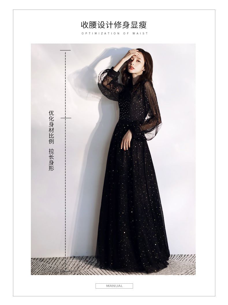 Long Sleeve Evening Dress 2024 New High-End Elegant Elegant Banquet Noble Temperament Long Black plus Size Slimming