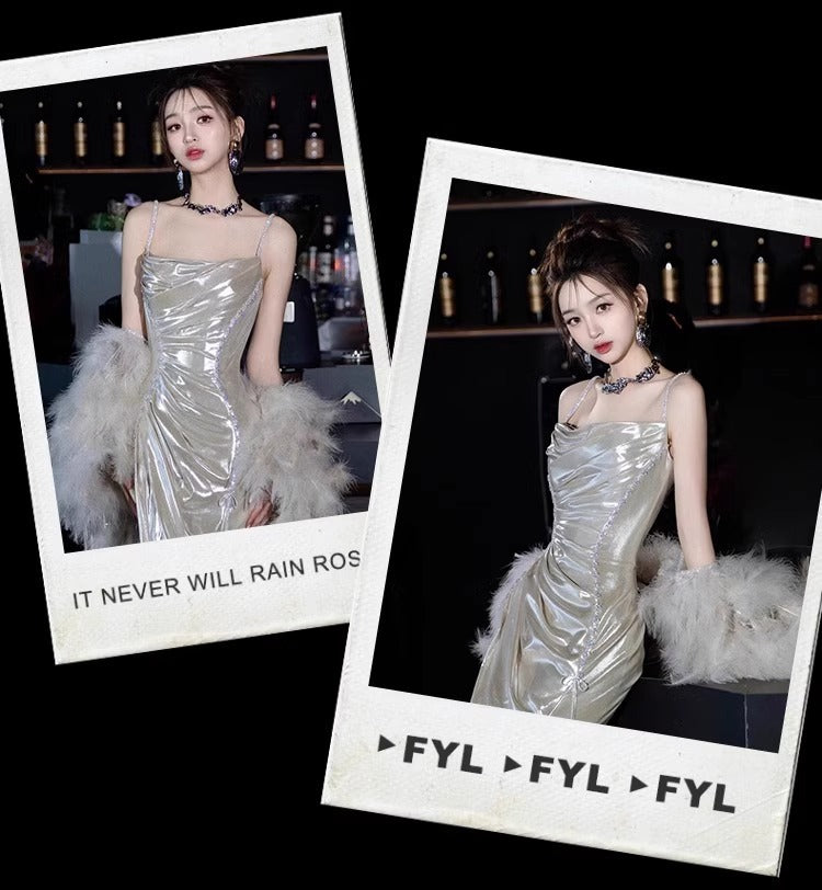 Silver Shiny Evening Dress Morning Gowns 2024 New High-End Sense Light Luxury Minority Birthday Party Sling Toast Dress