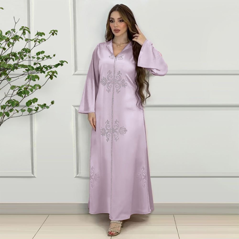 Xqy500157 Middle East Abaya Ethnic Style Dress Hooded Robe Fashion Diamond-Embedded Slits Lower Hem Dress