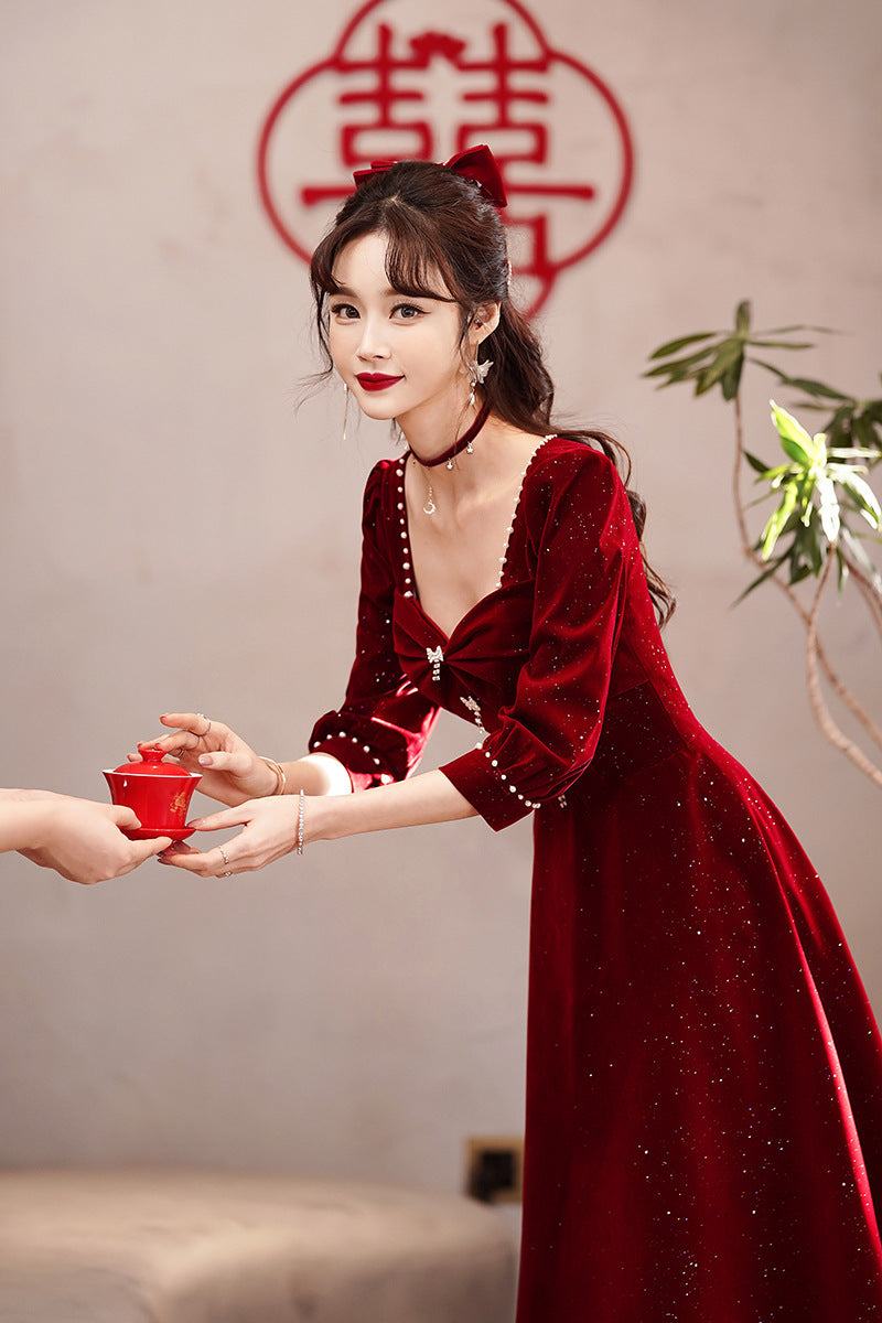 Toast Dress Bride Red Dress Women's High-Grade Skirt Small Engagement Dress Long Sleeve Daily Style Women