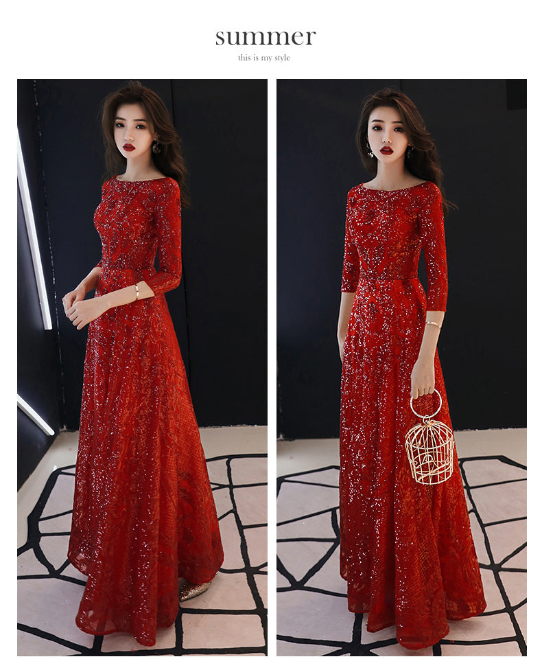 Bridal Toast Clothing 2024 Summer New Wine Red Marriage Engagement Back-to-Door Long Dinner Chinese Style Toast Dress