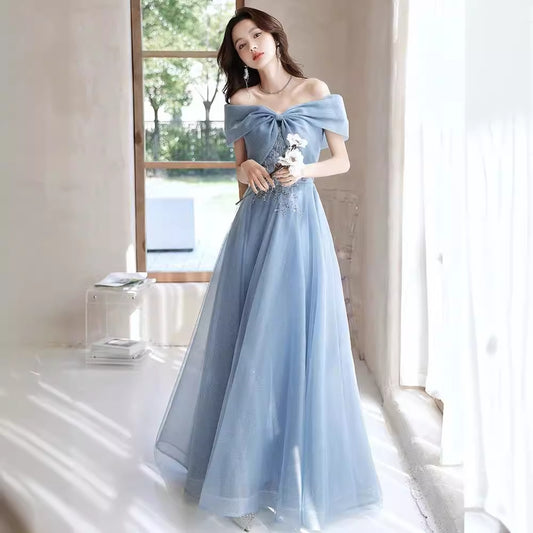 off-Shoulder Blue Evening Dress for Women Banquet Temperament French Entry Lux Niche High-End Host Art Exam Chorus Clothing