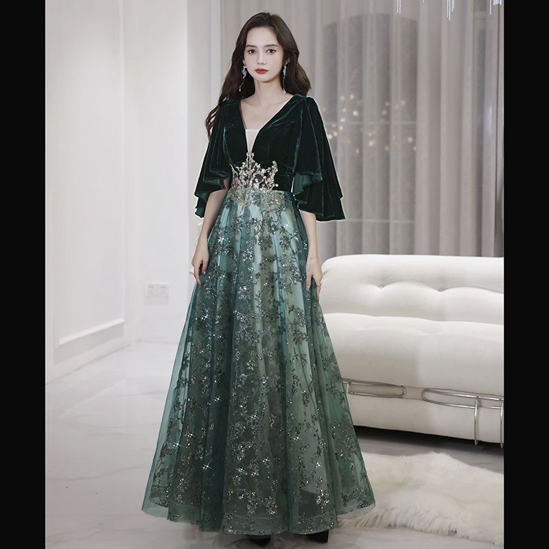 Women's Evening Dress New 2024 Banquet Temperament Green Niche Art Exam Slimming Pleuche Dress One Piece Dropshipping