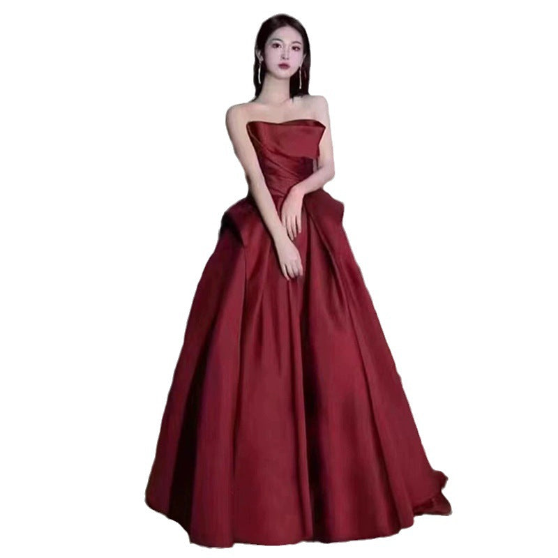 Wine Red Tube Top High-End Bridal Toast Clothing Satin High-End Sense Wedding Evening Dress Host Performance Costume Long