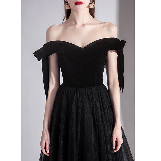 off-Shoulder Black Evening Dress Female 2024 New Sexy Aura Queen Banquet Modern Temperament Slimming Long