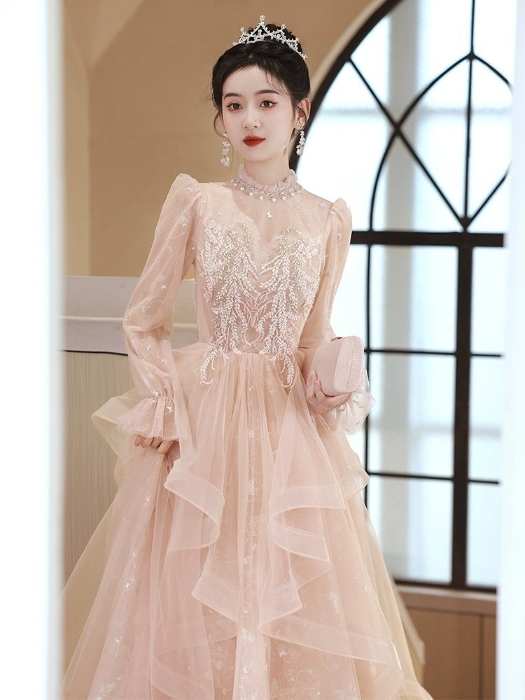 Evening Dresses Gala For Women Party Banquet Host Pink Princess Long Sleeve Embroidery Flower Fairy Dress H800