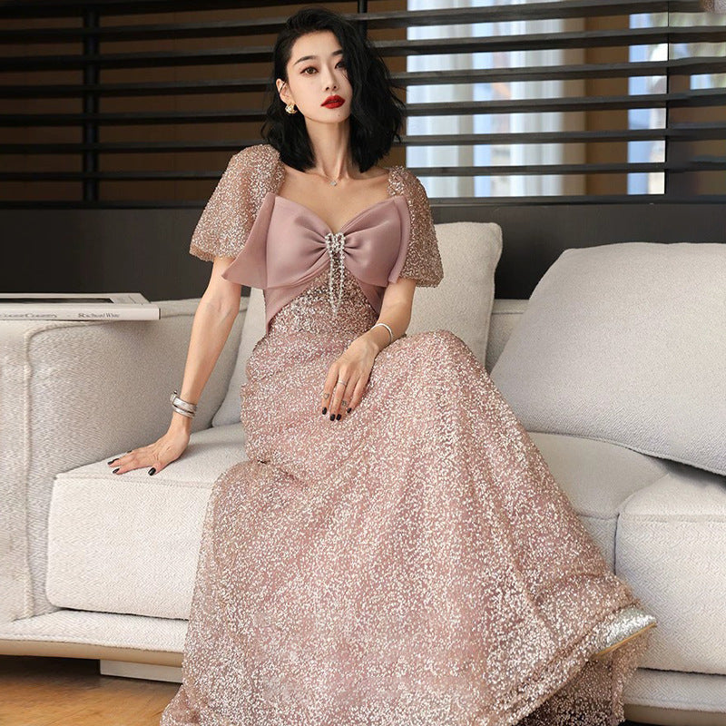 Light Luxury Evening Dress for Women 2024 New High Sense Elegant Sequins Banquet Annual Meeting Host Long Show Dress