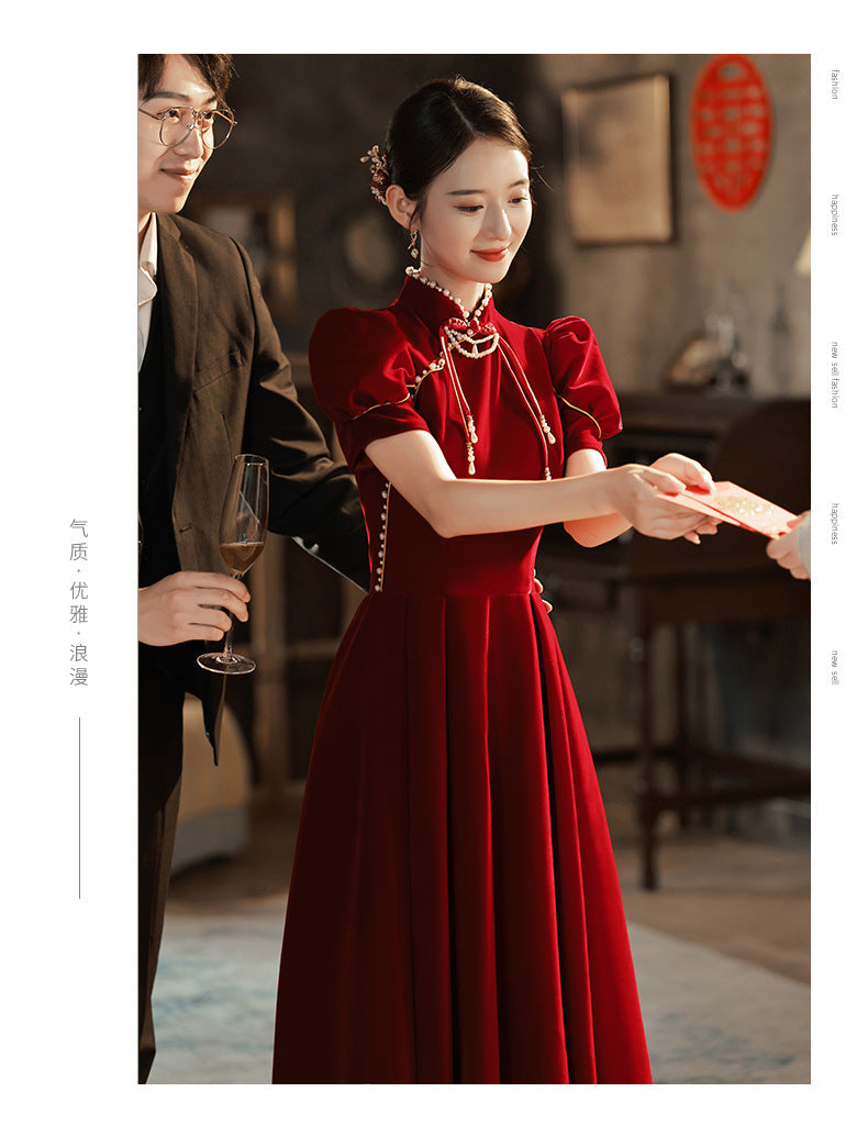 Toast Dress Bride 2024 New Chinese Style High-Grade Red Velvet Engagement Wedding Dress Women's Long Sleeve Spring