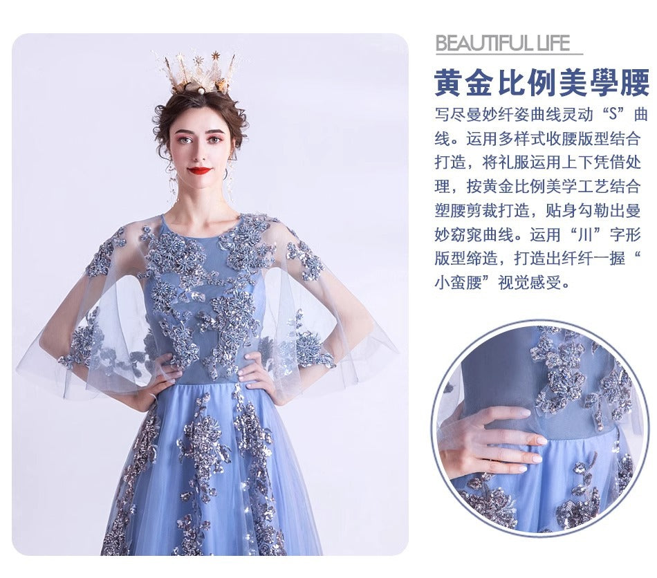 Blue Veils Slimming Banquet Annual Meeting Stage Performance Host Wedding Dress Evening Gown 273