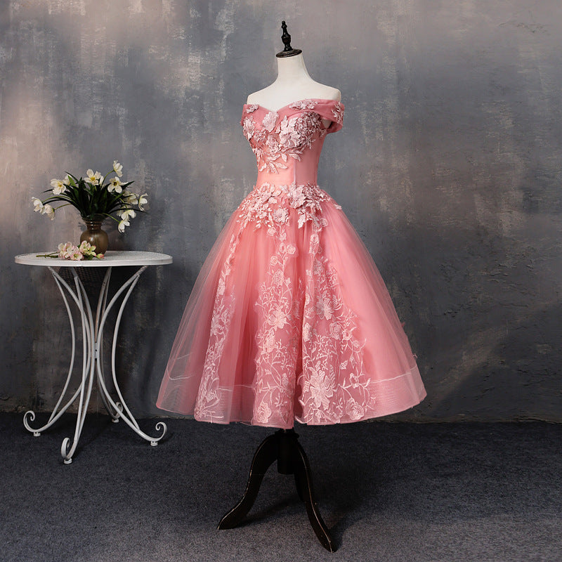 Evening Dress Short Pettiskirt Spring Pink Wedding Bridesmaid Dress off-Shoulder Short Sleeve Slimming Host Dress for Women
