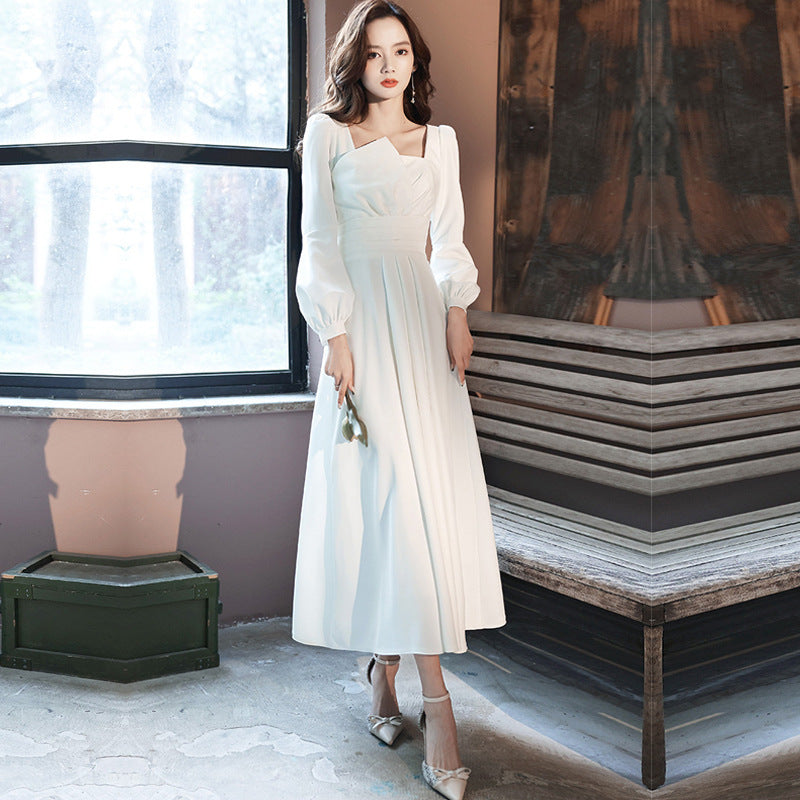 2024 Spring White Dress High-End Wedding Party Simple Graceful Square Collar Dress Spring and Autumn Women