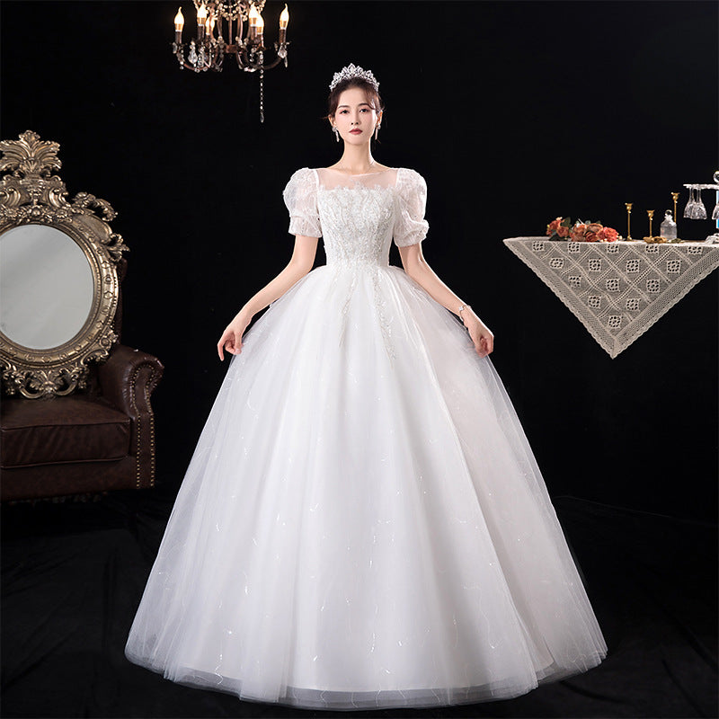 Wedding Dress L;Ace White Maxi Dresses Gala French Summer Short Sleeve White Bridal Court Floor-Length H223