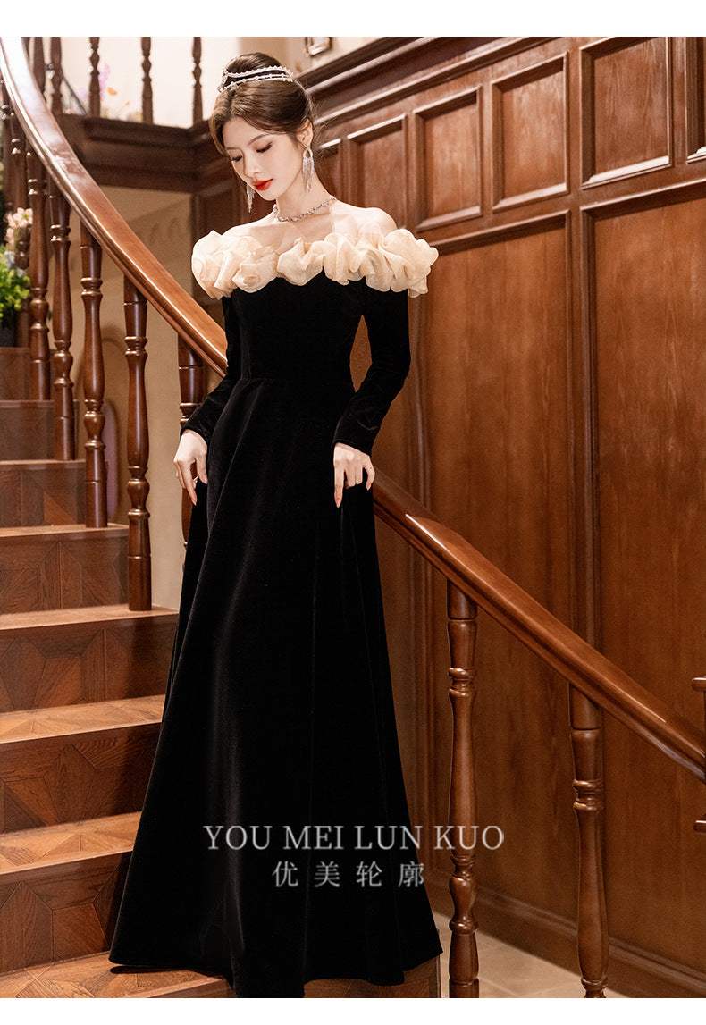 off-Shoulder Black Evening Dress 2024 New Banquet Temperament Host French Entry Lux Niche Long Sleeve Autumn and Winter