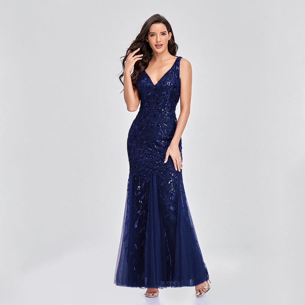 New 2023 Dress Sexy Dress Sleeveless V-neck Embroidery Sequin Slim Fishtail Bridesmaid Evening Dress for Women