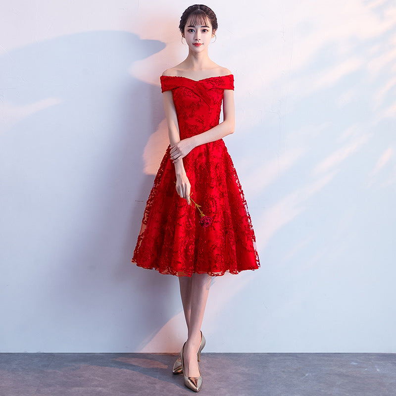 2024 New Summer Red Lace Off-Shoulder Long Slimming Wedding Evening Dress for Bride