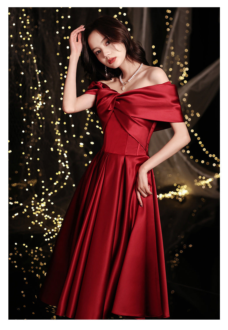 Wine Red Toast Dress Bride 2024 New Appreciation Dinner Engagement Wedding Back-to-Door off-Shoulder Evening Dress for Women Autumn