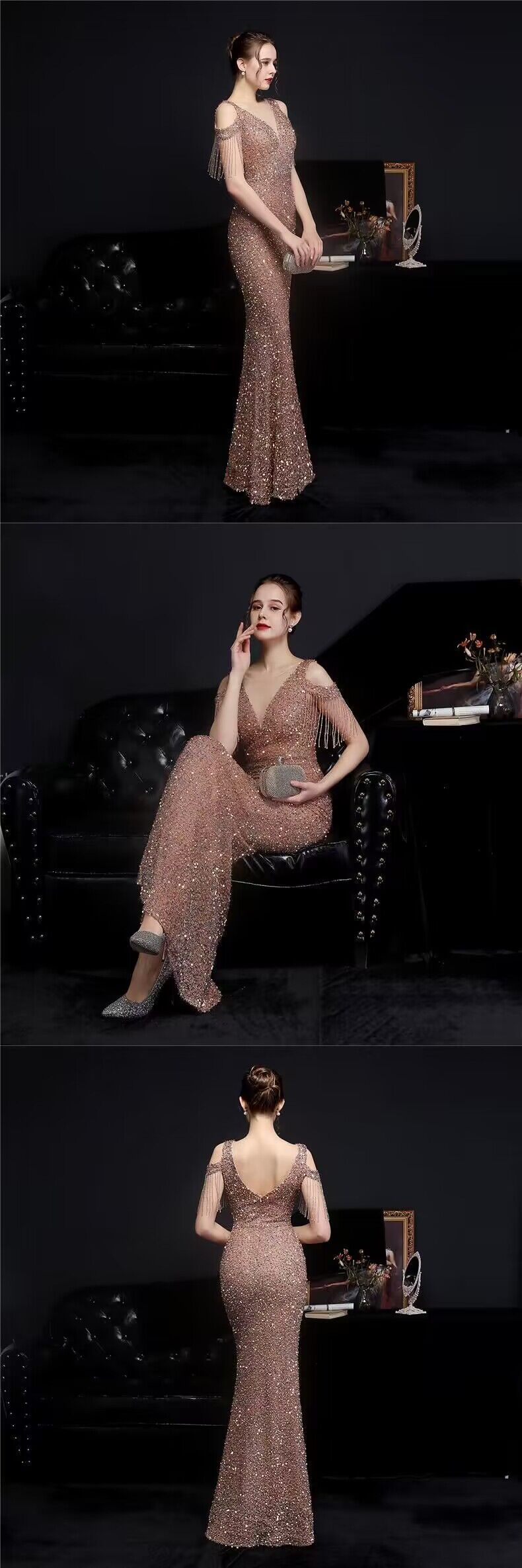 3185 Heavy Industry Evening Dress Women's New Banquet Temperament High-End Fishtail Host Socialite Light Luxury Minority High-End