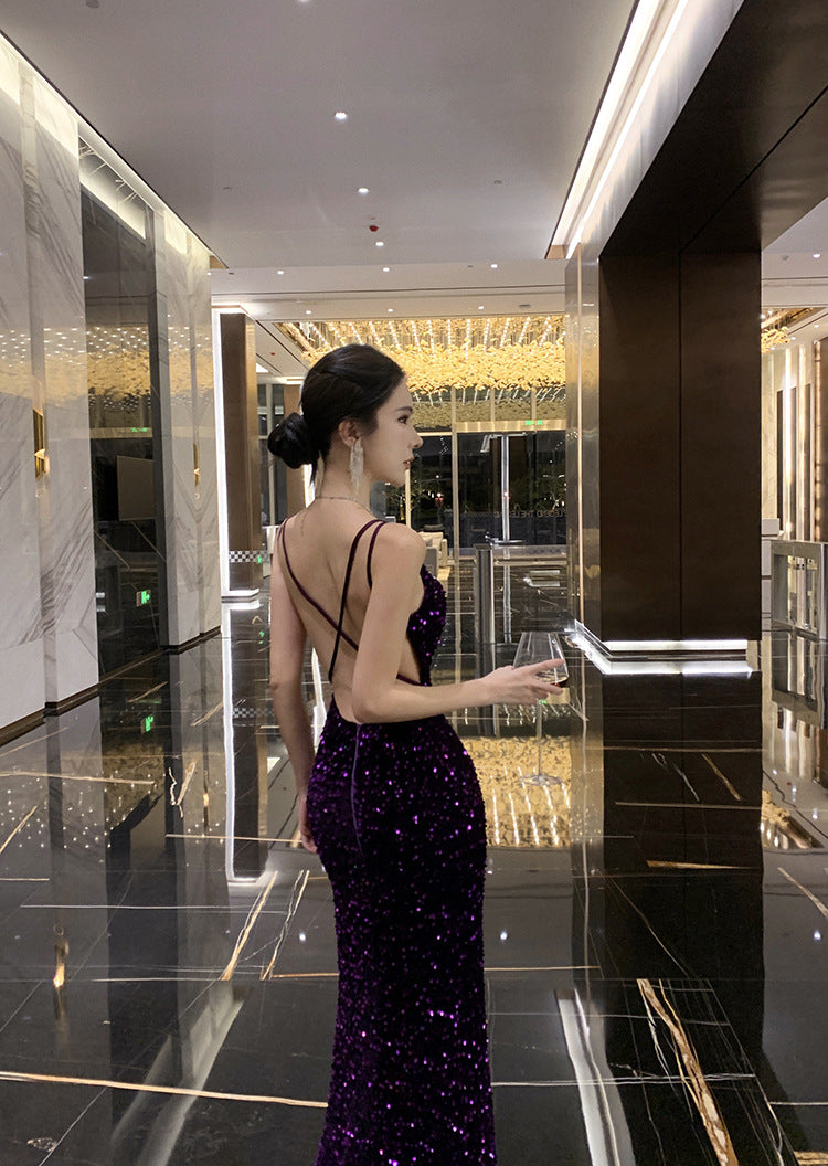 2024 New Small Dress High-Grade Temperament Socialite Heavy Embroidery Sequins Purple Bare Back Sling Dress