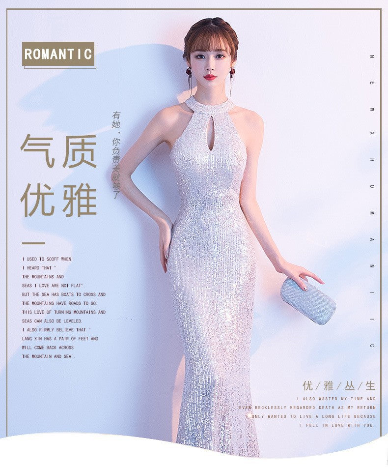 Spring and Summer Silver Evening Dress for Women 2024 New Niche Temperament Ladies Annual Meeting Host Fishtail Dress Evening Dress Wholesale