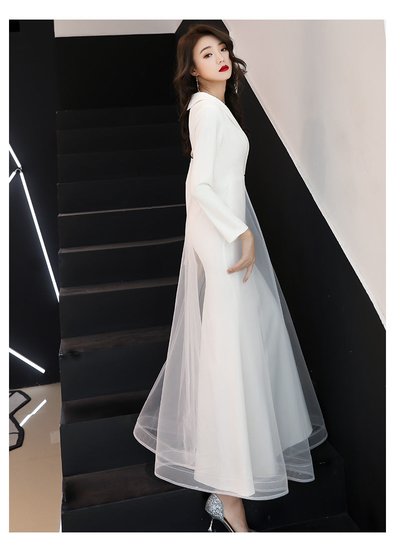 White Evening Dress Women's Long-Sleeved Annual Meeting Host Fishtail Dinner Dress 2024 New Socialite Long Temperament Slimming