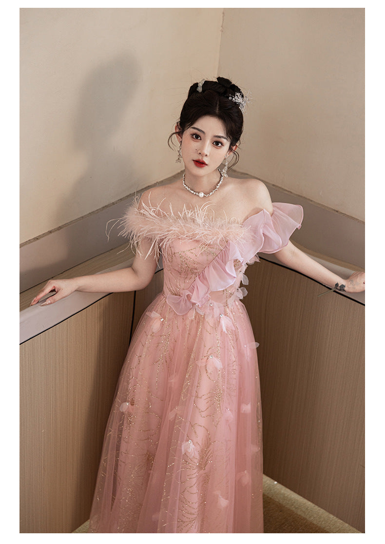 off-Shoulder Evening Dress Female Banquet Temperament Socialite High-End Affordable Luxury Niche Host Engagement High-Grade Pink