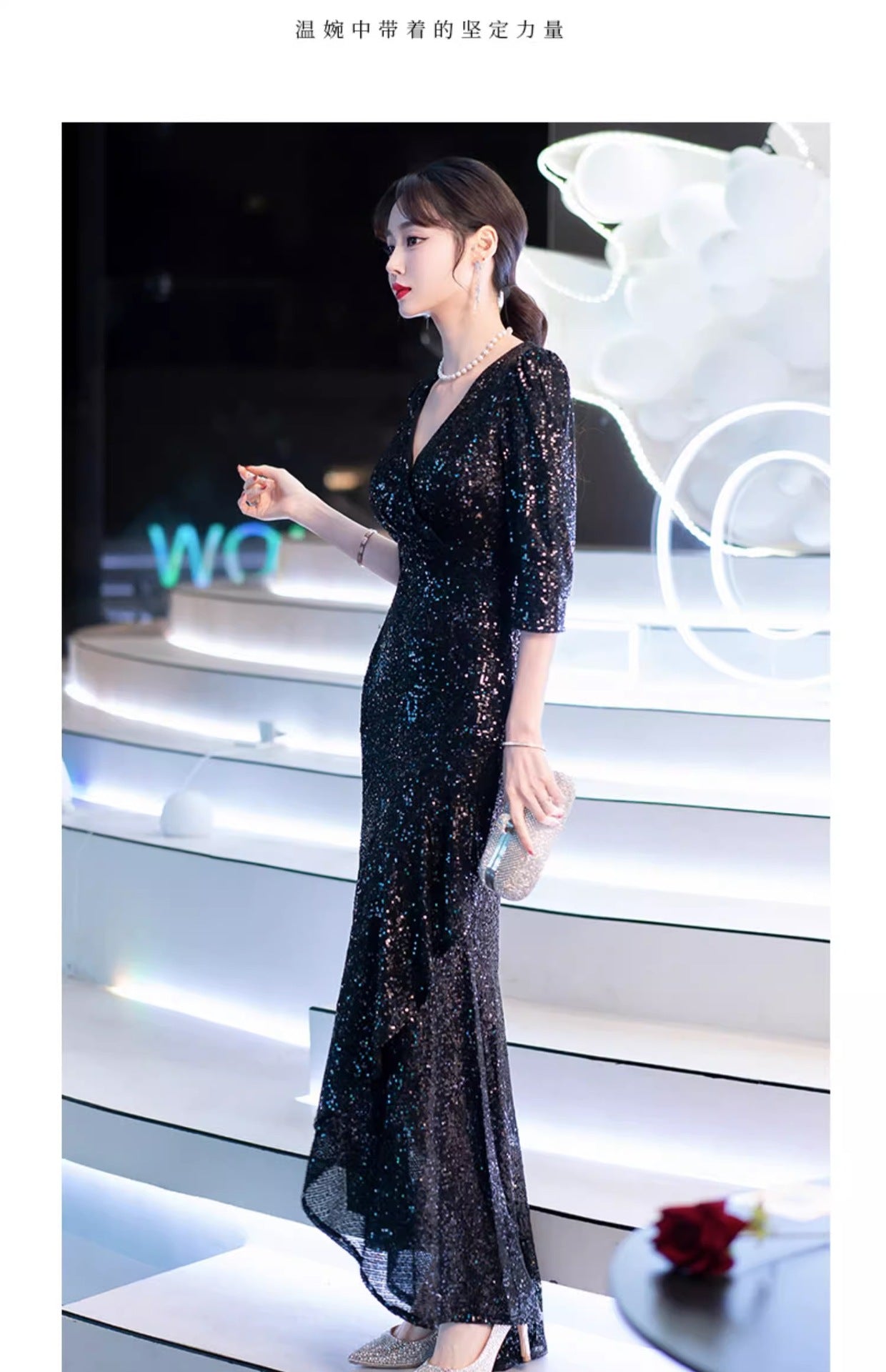 Black Evening Dress Light Luxury Female 2024 New Host Art Exam Sequined Fishtail Dress Summer Bridesmaid Dress