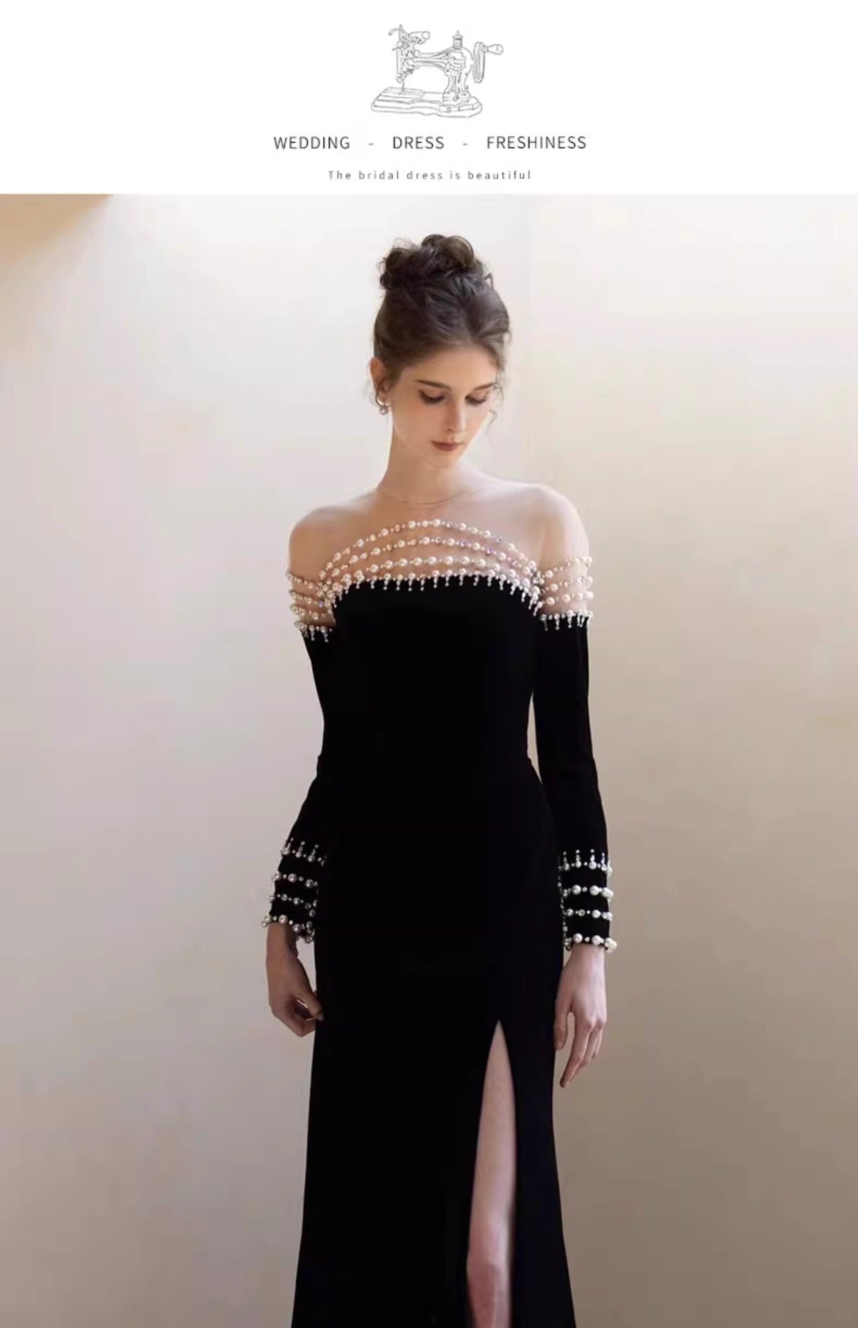French Style Hepburn Wind Black Evening Dress 2024 New Long-Sleeved Pearl off-Shoulder Fishtail Costume