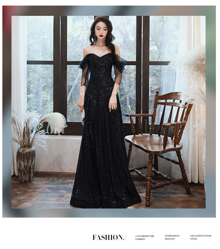 Black Evening Dress Host French Style 2024 New Women's Banquet Temperament Daily Style Slimming Queen Dress