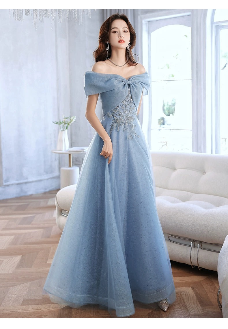 off-Shoulder Blue Evening Dress for Women Banquet Temperament French Entry Lux Niche High-End Host Art Exam Chorus Clothing