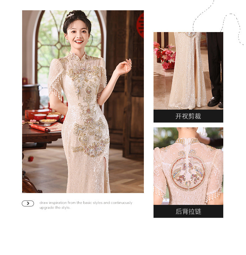 New Chinese Evening Dress Light Luxury High-End Toast Dress Bride Bride Outfit Champagne Cheongsam Engagement Dress Spring