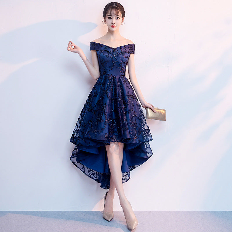 Navy Blue Evening Dress Temperament Banquet Mom Wedding Reception Clothes Front Short Back Length Dress Daily Style Autumn and Winter