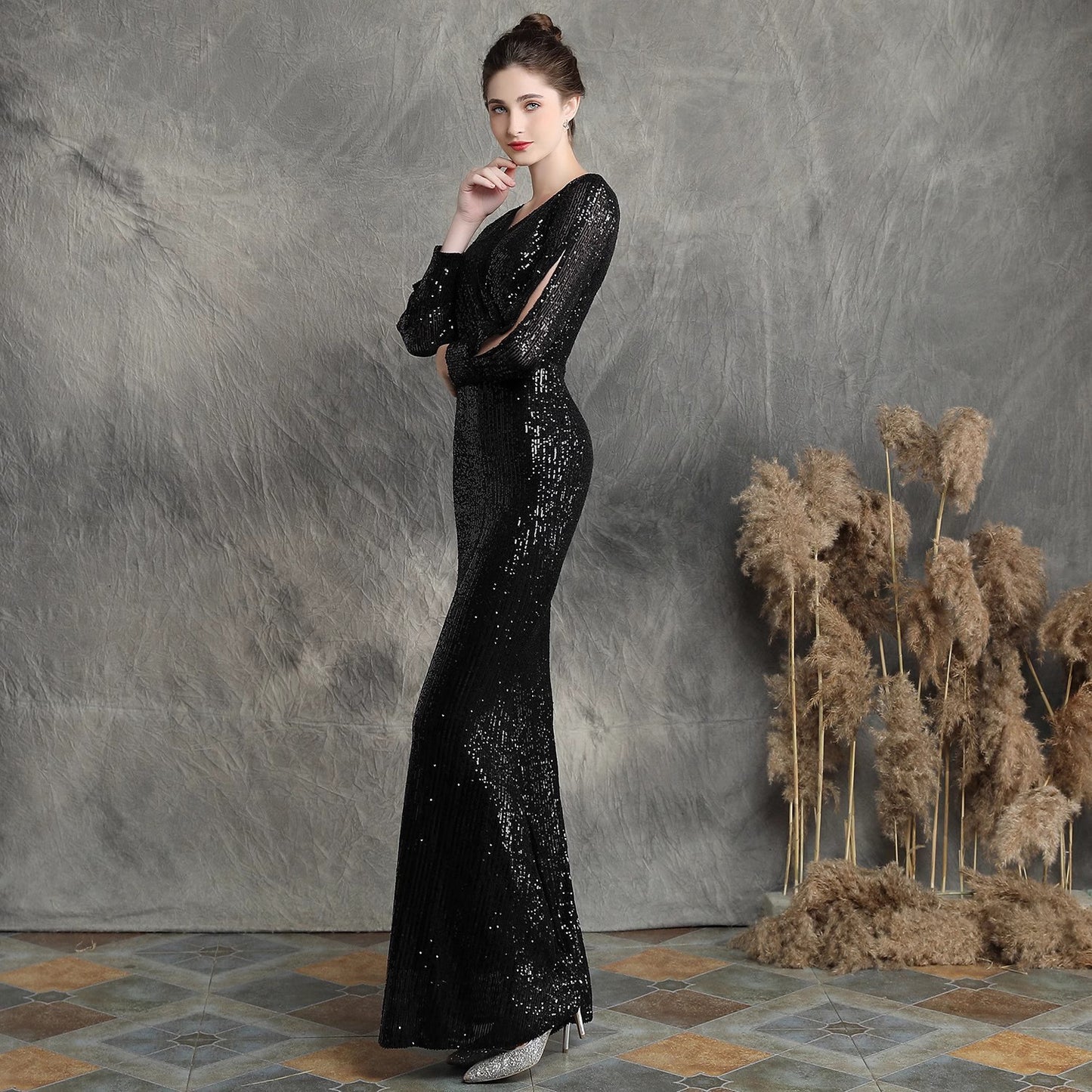 4645 Sequined Evening Dress New High-End Toast Dress Sexy Deep V Temperament Fishtail Host Banquet Dress