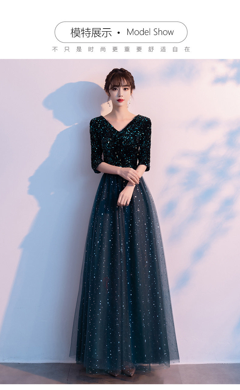 Dark Green Annual Party Evening Dress 2024 Autumn New Fashion Sexy V-neck Banquet Host Long Dress