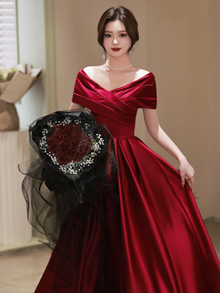 Bridal Toast Clothing Velvet 2024 New High-Grade off-Shoulder Banquet Temperament Engagement License Host Evening Dress