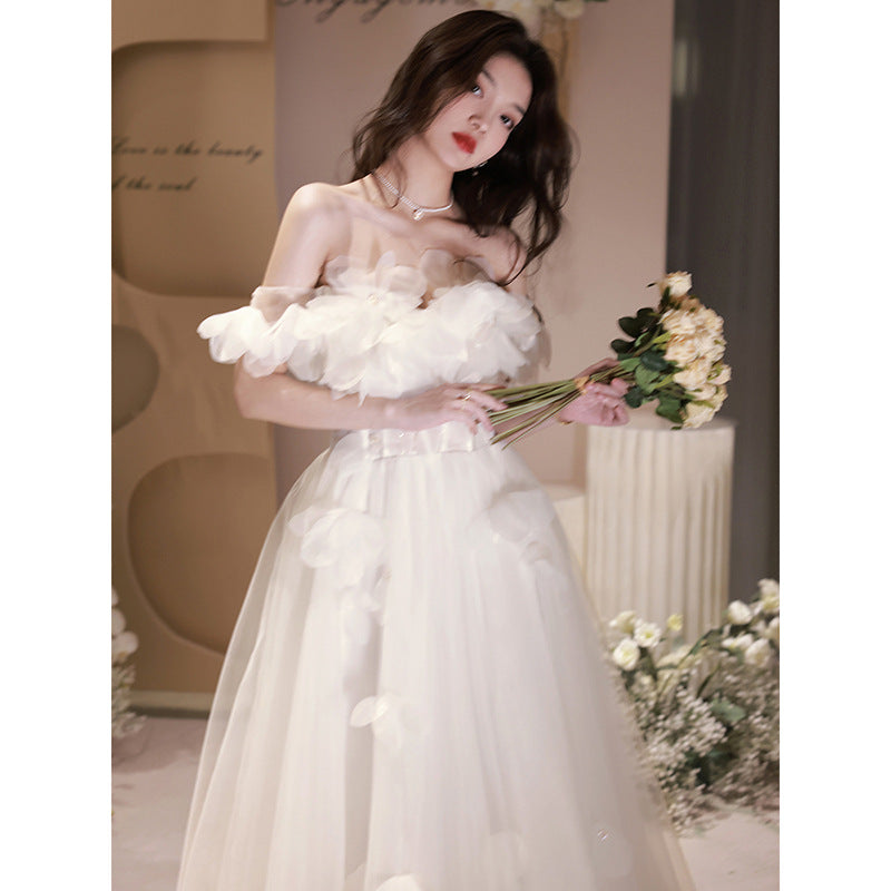 White Evening Dress Women's French Style High Sense Birthday Adult Wedding Dress Princess on the Run High-End Affordable Luxury Niche Host