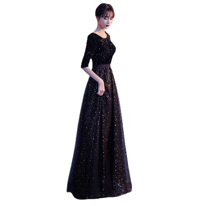 Black Adult Long Dress for Choir Performance, Female Conductor Competition Host Banquet Evening Gown Dress