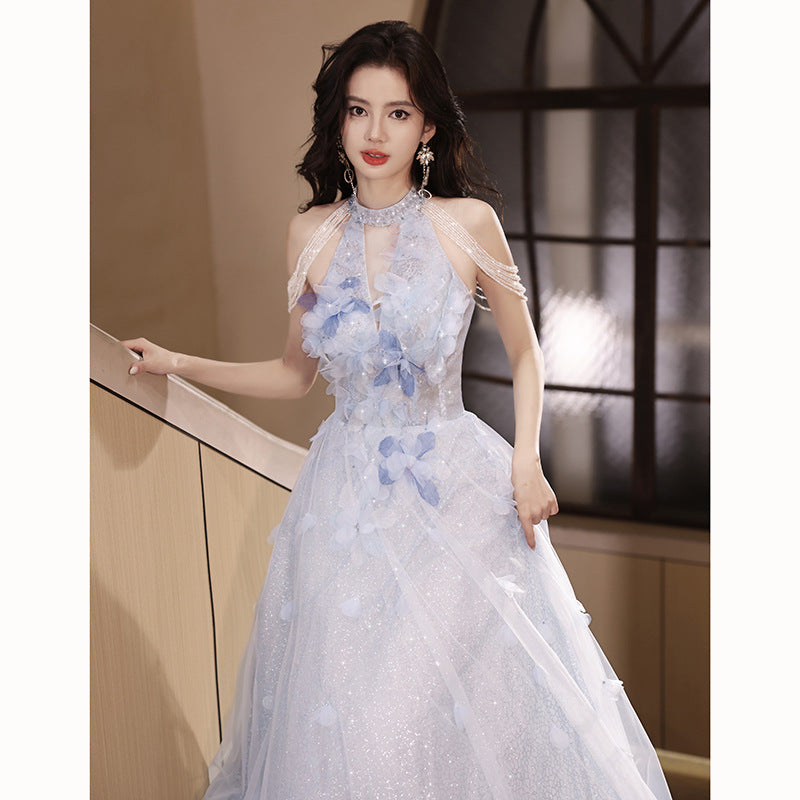 Wedding Dress Evening Dress for Women Light Luxury Minority High-End Blue Graduation High School Beautiful Umbrella Princess Dress Adult Ceremony Girl