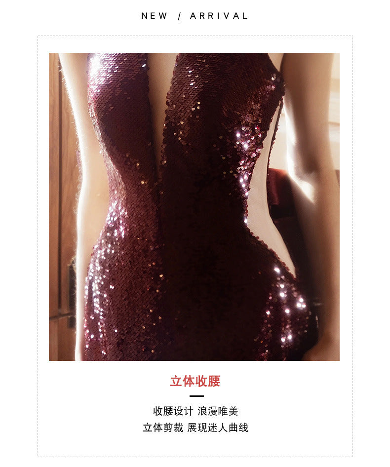 Sequined Toast Dress for Bride Wine Red Engagement Banquet Temperament Long Halter-Style Heavy Work Fishtail Evening Dress for Women